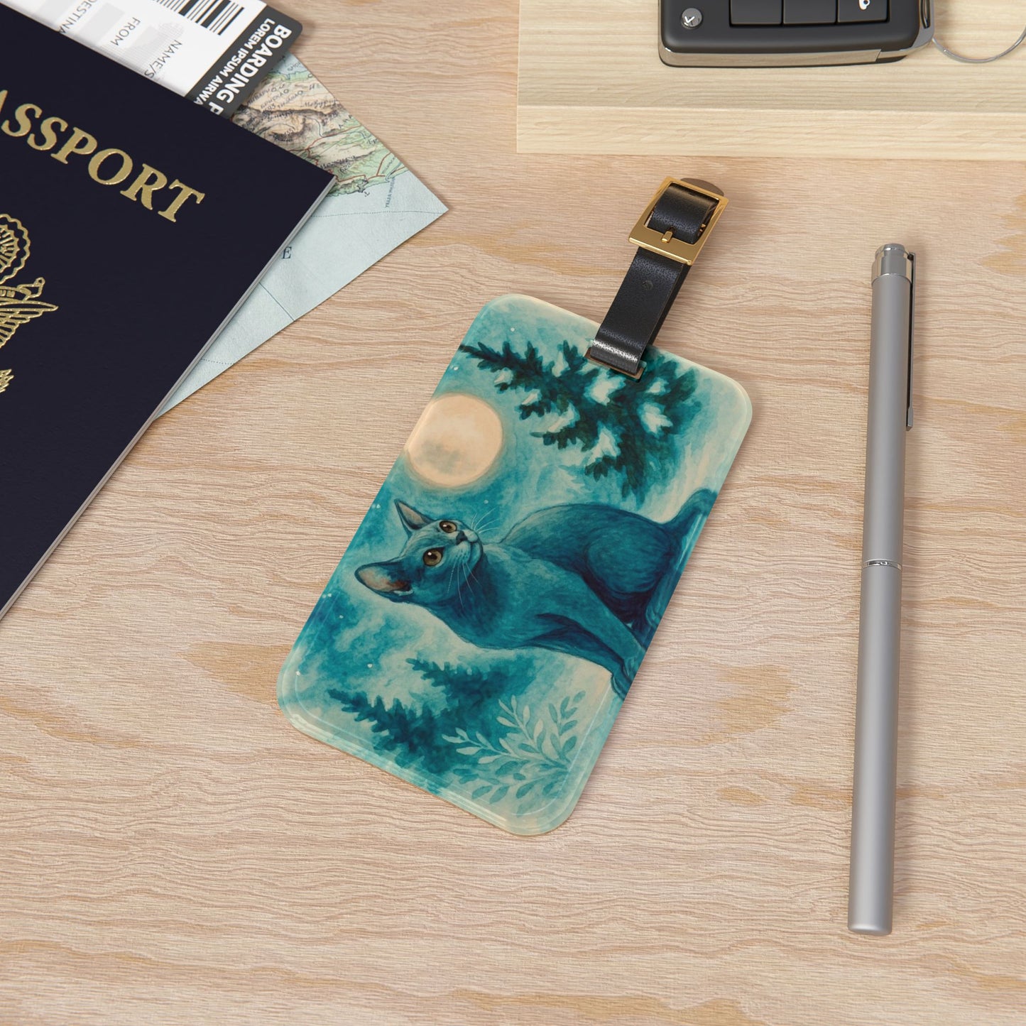 Magical Cat Luggage Tag, Pet Lover Travel Accessory, Unique Gift for Cat Owners, Cat-Themed Travel Tag, Moonlit Cat Design