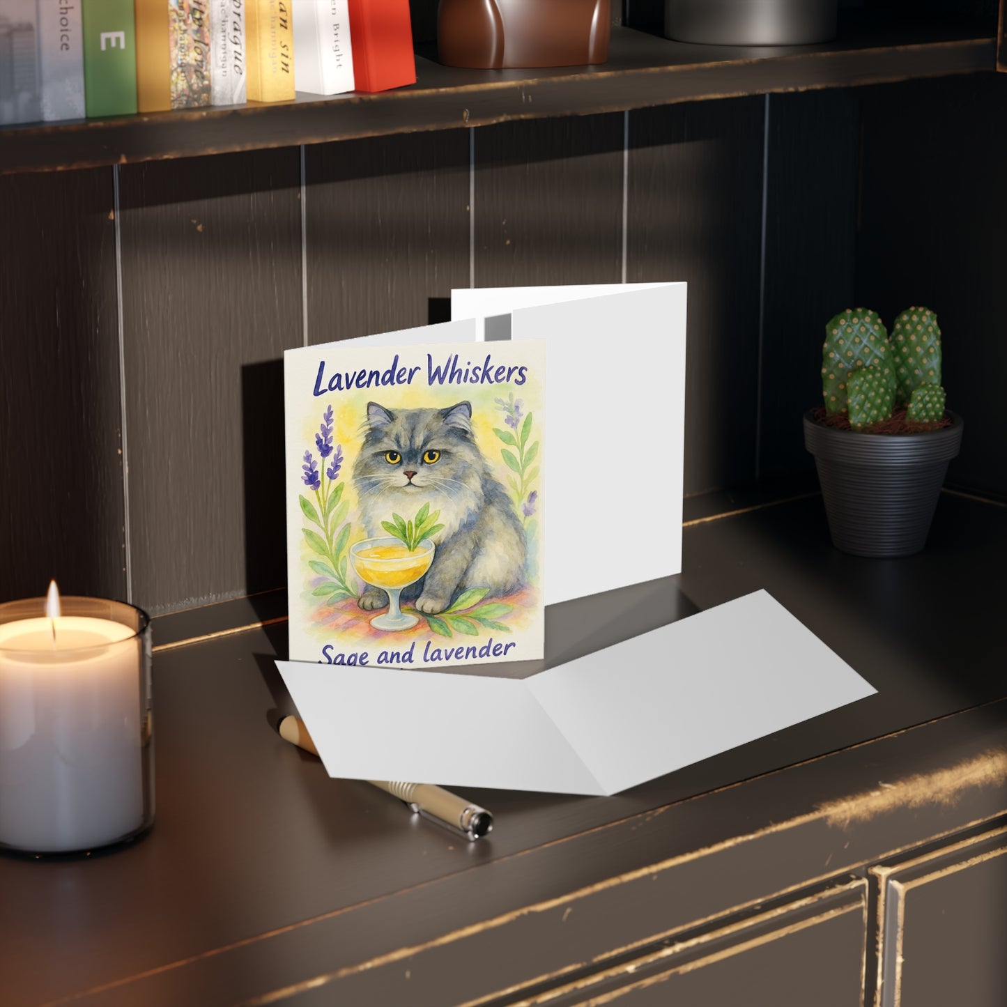 Lavender Cat Greeting Cards, Cute Cat Cards for Cat Lovers, Floral Thank You Cards, Sage and Lavender Note Cards, Greeting Card Set