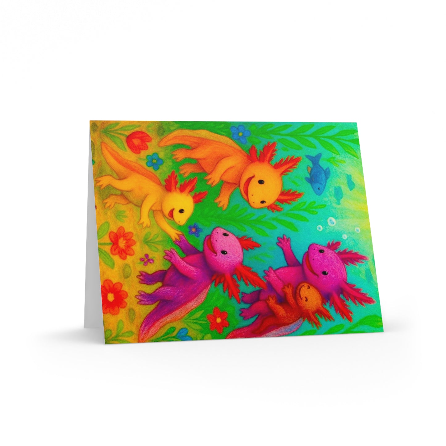 Vibrant Axolotl Greeting Cards, Cute Cards for Kids, Birthday Invitations, Underwater Theme Stationery, Colorful Note Cards