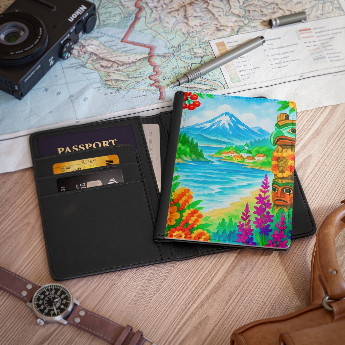 Colorful Travel Passport Cover with Scenic Design, Summer Vacation Gift, Travel Essentials, Jetsetter Accessory, Adventure Journal Holder
