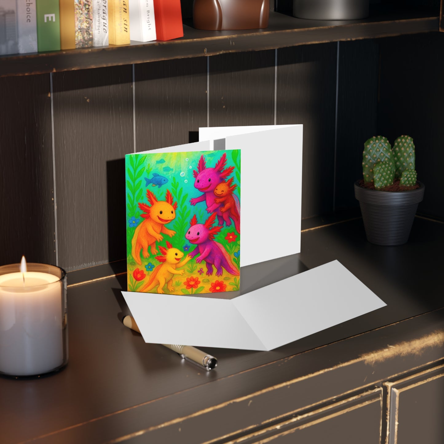 Vibrant Axolotl Greeting Cards, Cute Cards for Kids, Birthday Invitations, Underwater Theme Stationery, Colorful Note Cards
