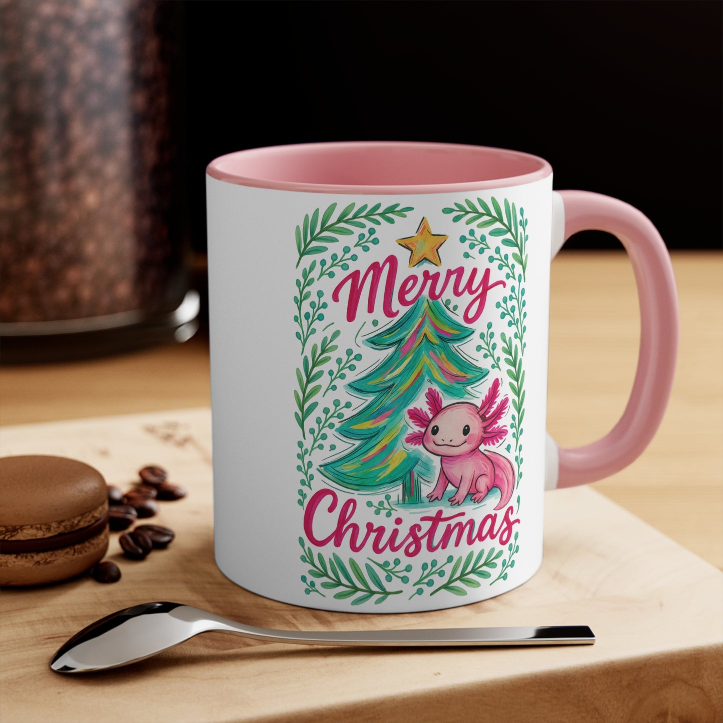 Merry Christmas Accent Mug with Cute Axolotl Design, Holiday Coffee Cup, Seasonal Drinkware, Gift for Ocean Lovers, Festive Kitchen Decor