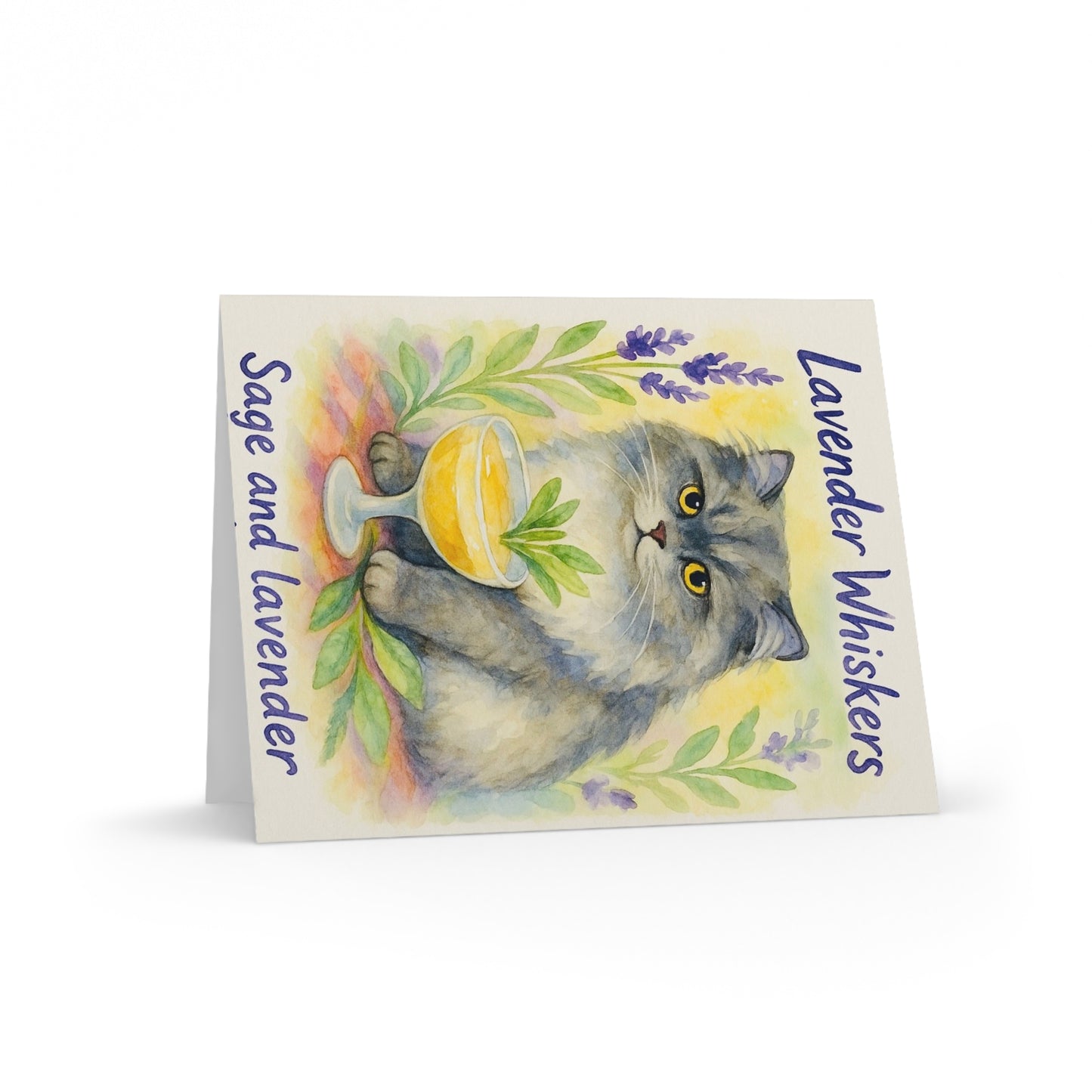 Lavender Cat Greeting Cards, Cute Cat Cards for Cat Lovers, Floral Thank You Cards, Sage and Lavender Note Cards, Greeting Card Set
