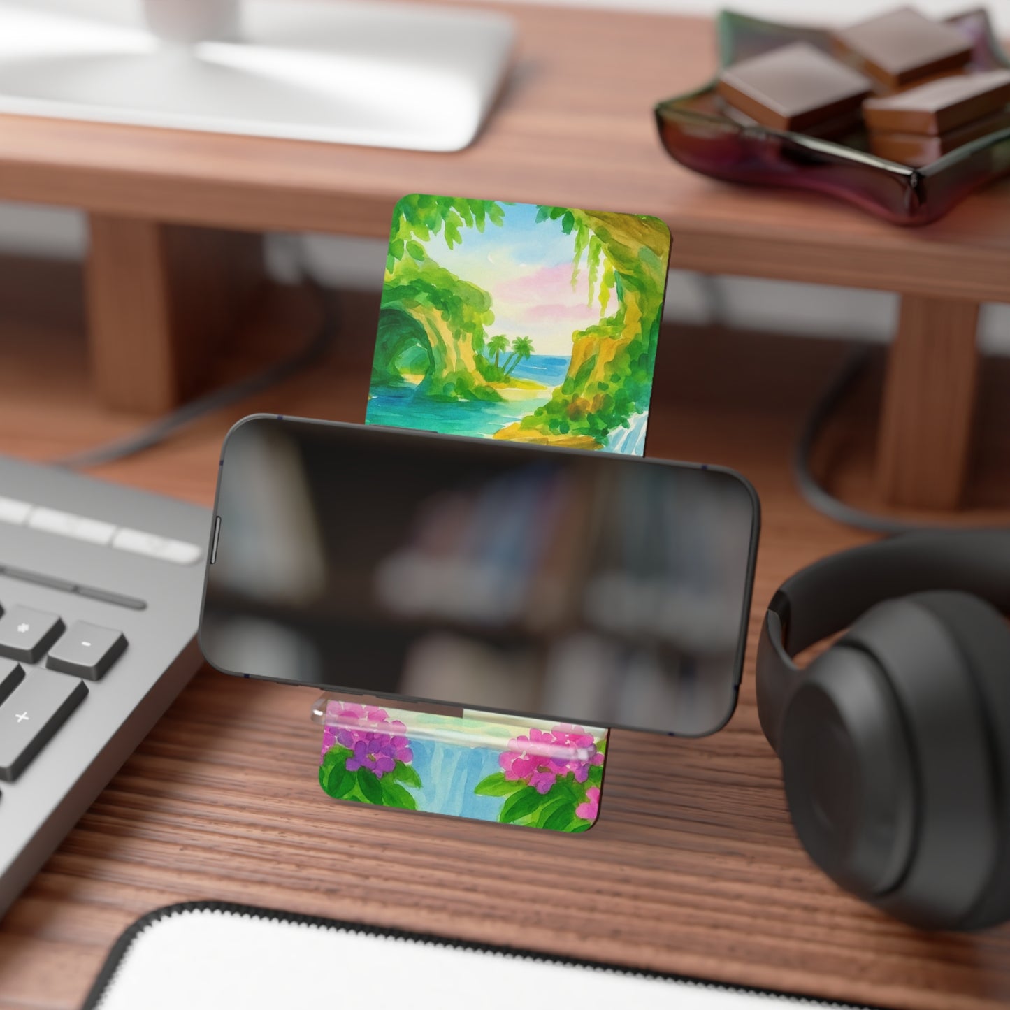 Artistic Mobile Display Stand for Smartphones - Vibrant Beach Scene, Phone Holder, Desk Accessory, Gift for Her, Tropical Decor
