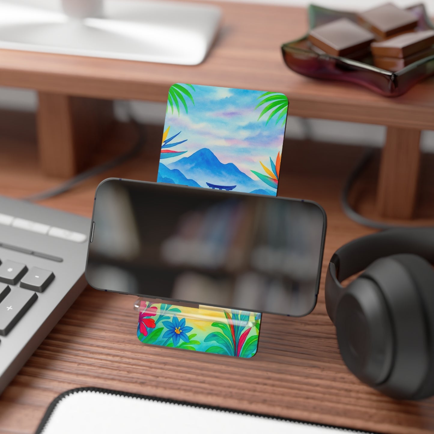 Tropical Smartphone Stand, Cute Phone Holder, Floral Desk Decor, Mobile Stand, Gift for Her, Home Office Accessory