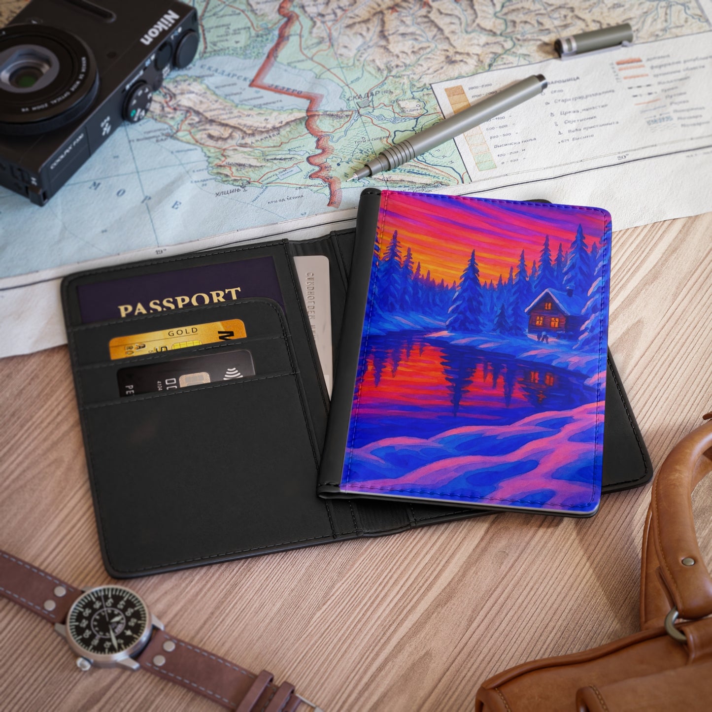 Colorful Winter Landscape Passport Cover, Travelers Gift, Holiday Travel Accessory, Keepsake Cover, Adventure Journal