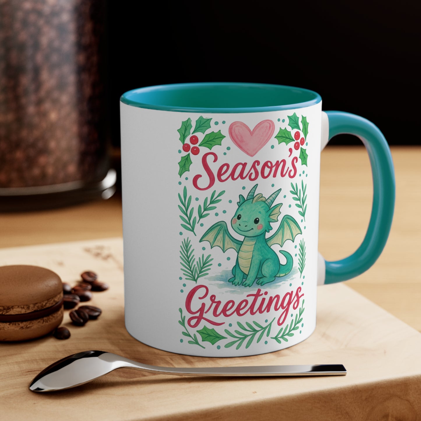 Season's Greetings Dragon Accent Mug | Holiday Coffee Cup, Cute Gift for Kids, Christmas Decor, Kawaii Tea Mug, Fantasy Drinkware