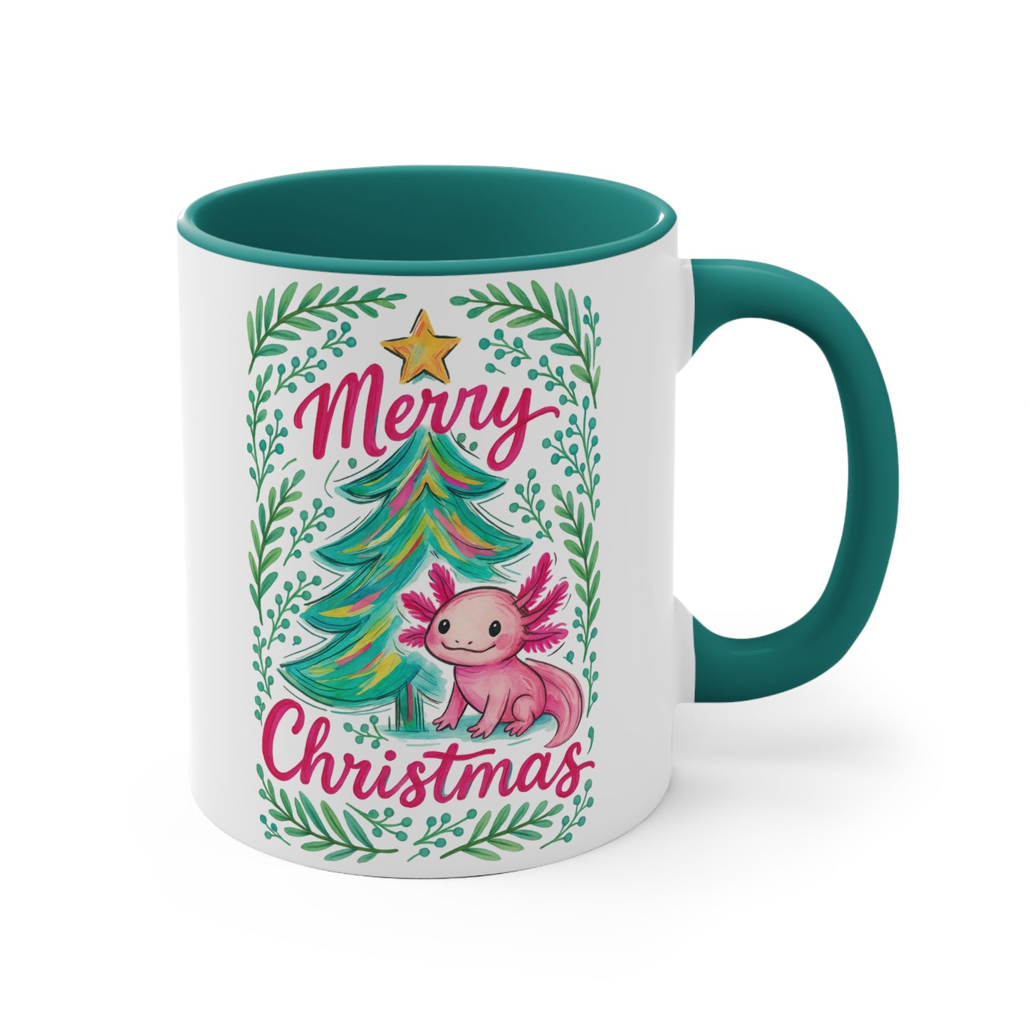 Merry Christmas Accent Mug with Cute Axolotl Design, Holiday Coffee Cup, Seasonal Drinkware, Gift for Ocean Lovers, Festive Kitchen Decor