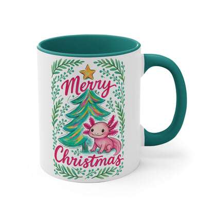 Merry Christmas Accent Mug with Cute Axolotl Design, Holiday Coffee Cup, Seasonal Drinkware, Gift for Ocean Lovers, Festive Kitchen Decor
