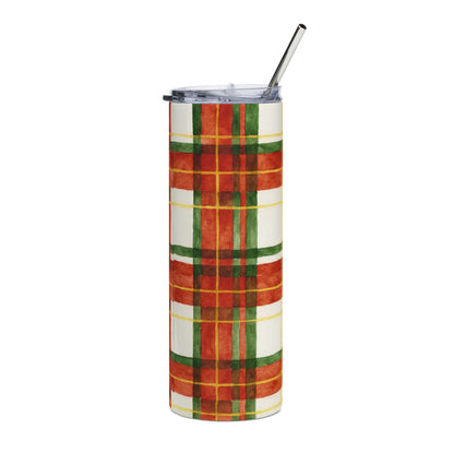 Festive Plaid Stainless Steel Tumbler | 20oz Insulated Drinkware | Holiday Gift, Coffee Cup, Travel Mug, Winter Accessory, Eco-Friendly