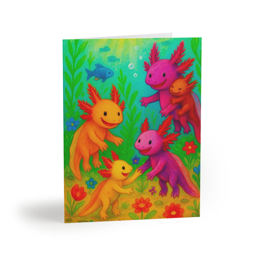 Vibrant Axolotl Greeting Cards, Cute Cards for Kids, Birthday Invitations, Underwater Theme Stationery, Colorful Note Cards