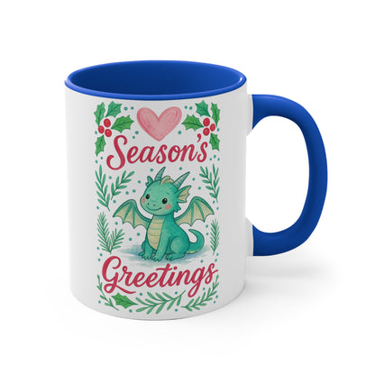 Season's Greetings Dragon Accent Mug | Holiday Coffee Cup, Cute Gift for Kids, Christmas Decor, Kawaii Tea Mug, Fantasy Drinkware