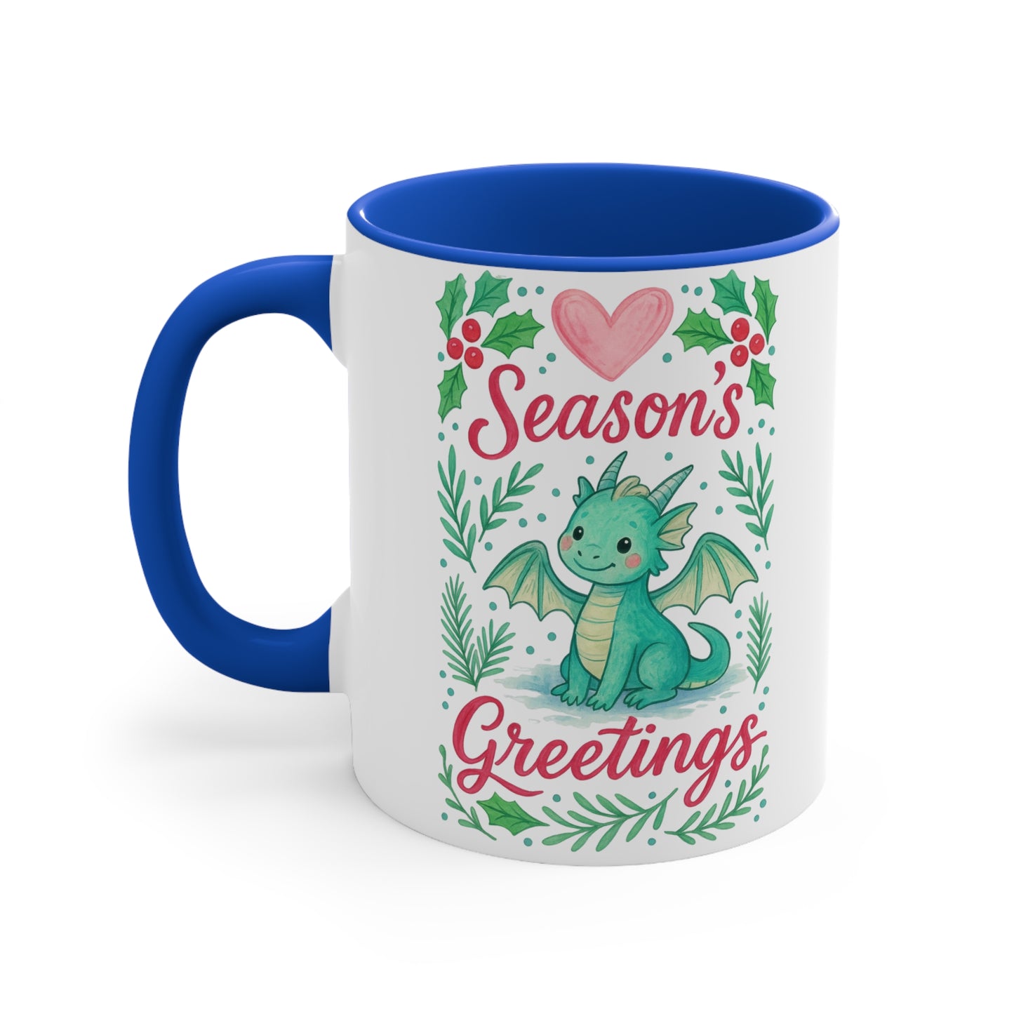 Season's Greetings Dragon Accent Mug | Holiday Coffee Cup, Cute Gift for Kids, Christmas Decor, Kawaii Tea Mug, Fantasy Drinkware