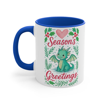 Season's Greetings Dragon Accent Mug | Holiday Coffee Cup, Cute Gift for Kids, Christmas Decor, Kawaii Tea Mug, Fantasy Drinkware