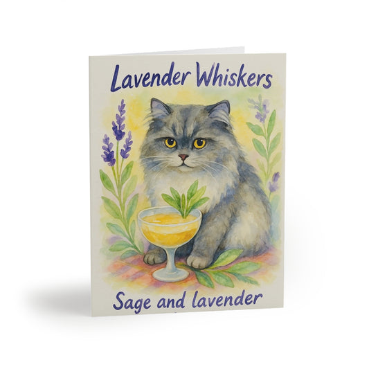Lavender Cat Greeting Cards, Cute Cat Cards for Cat Lovers, Floral Thank You Cards, Sage and Lavender Note Cards, Greeting Card Set