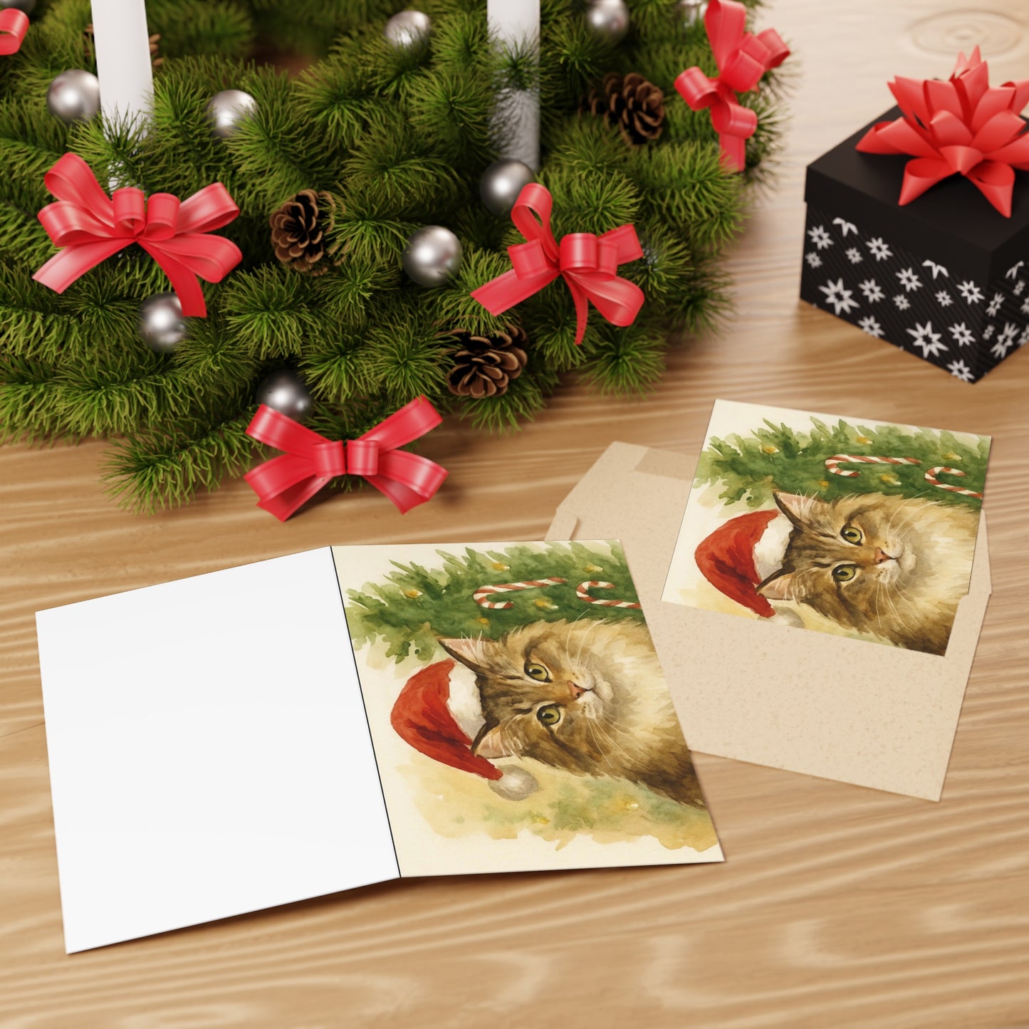 Christmas Cat Greeting Cards, Holiday Cards, Cat Lover Cards, Festive Greeting Cards, Cute Cat Art Cards, 1 or 10-pack