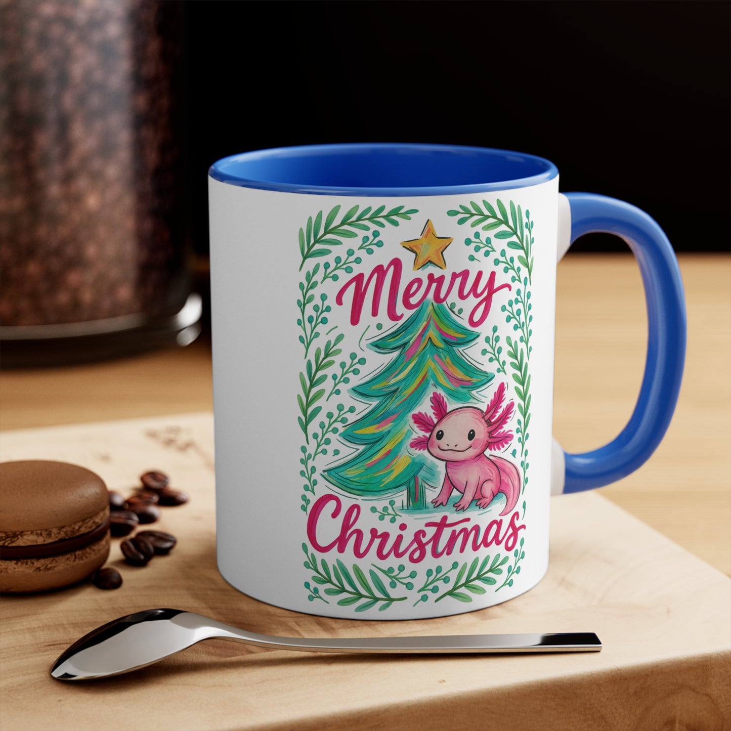 Merry Christmas Accent Mug with Cute Axolotl Design, Holiday Coffee Cup, Seasonal Drinkware, Gift for Ocean Lovers, Festive Kitchen Decor