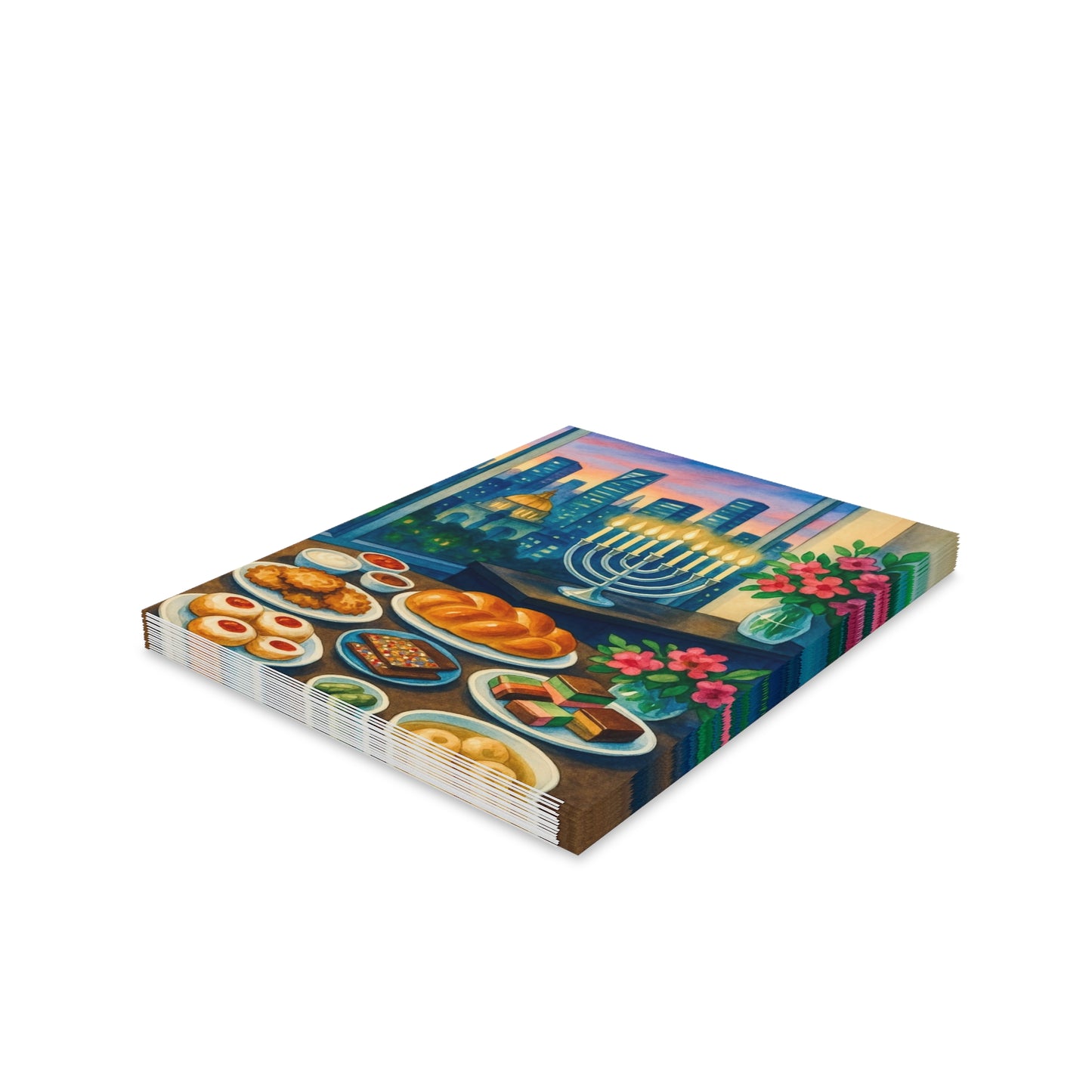 Hanukkah Greeting Cards - Festive Celebration, Jewish Traditions, Holiday Cheer, Unique Holiday Greetings, Menorah & Treats Design