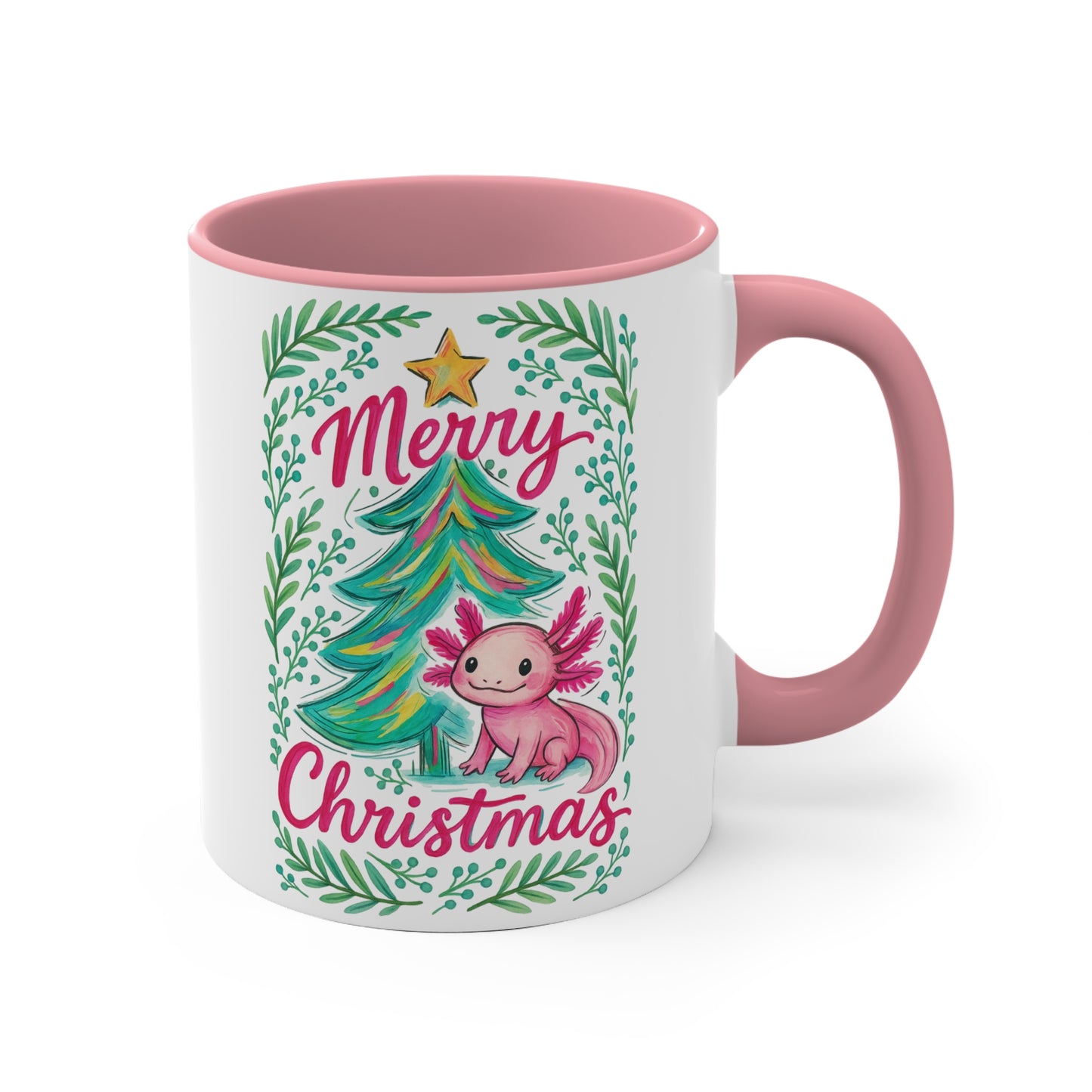 Merry Christmas Accent Mug with Cute Axolotl Design, Holiday Coffee Cup, Seasonal Drinkware, Gift for Ocean Lovers, Festive Kitchen Decor