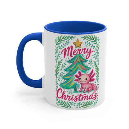 Merry Christmas Accent Mug with Cute Axolotl Design, Holiday Coffee Cup, Seasonal Drinkware, Gift for Ocean Lovers, Festive Kitchen Decor