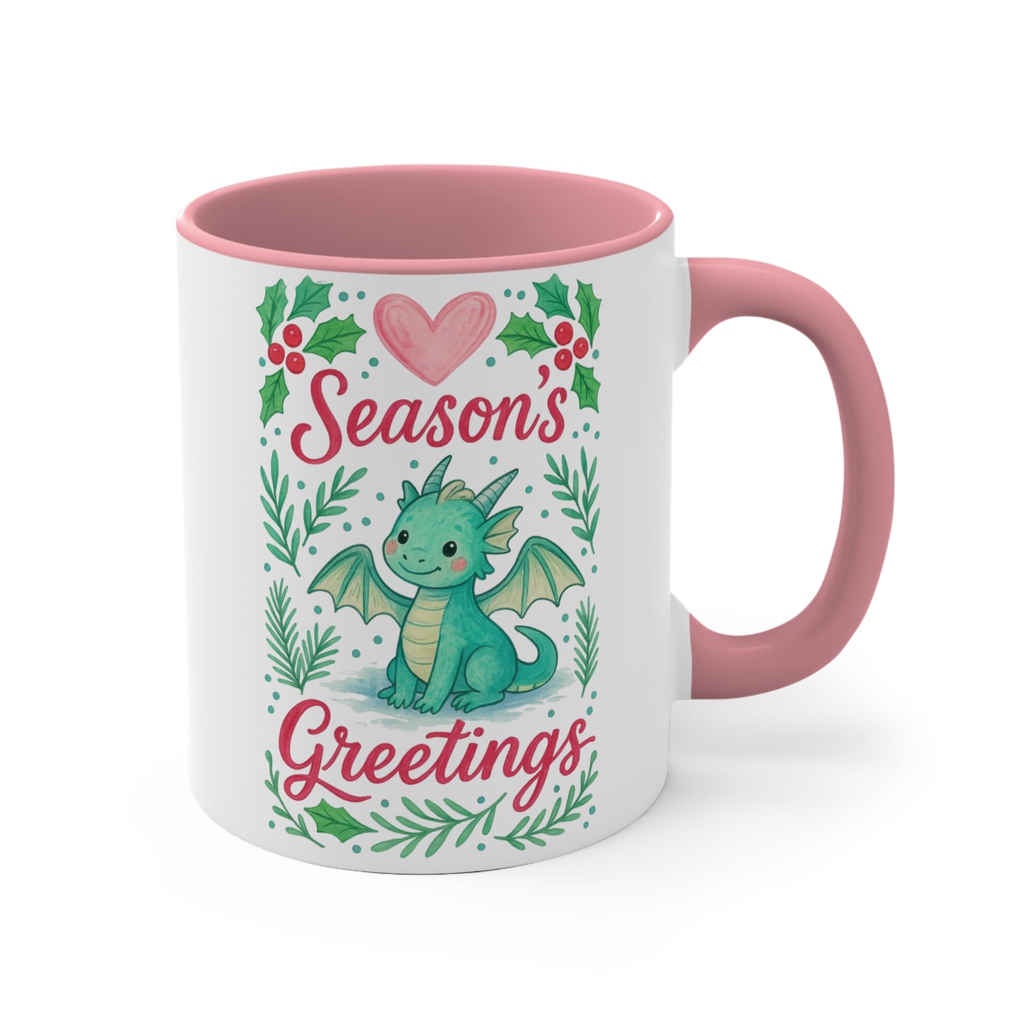 Season's Greetings Dragon Accent Mug | Holiday Coffee Cup, Cute Gift for Kids, Christmas Decor, Kawaii Tea Mug, Fantasy Drinkware