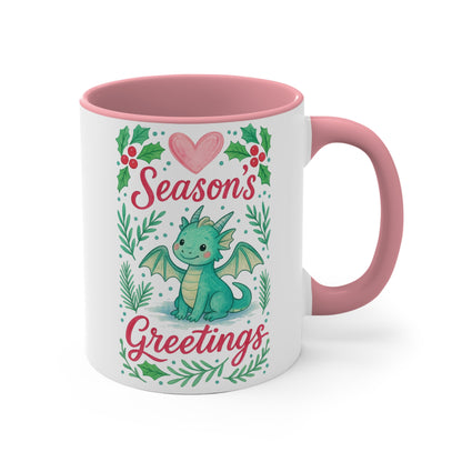 Season's Greetings Dragon Accent Mug | Holiday Coffee Cup, Cute Gift for Kids, Christmas Decor, Kawaii Tea Mug, Fantasy Drinkware