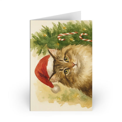 Christmas Cat Greeting Cards, Holiday Cards, Cat Lover Cards, Festive Greeting Cards, Cute Cat Art Cards, 1 or 10-pack