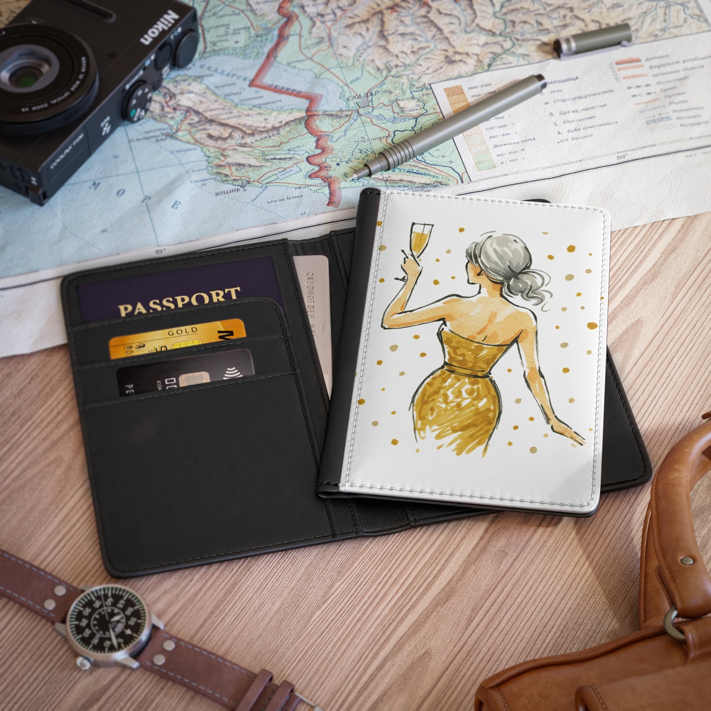 Chic Passport Cover, Elegant Travel Accessory, Travel Gift for Her, Gold Glitter Travel Wallet, Stylish Vacation Essentials