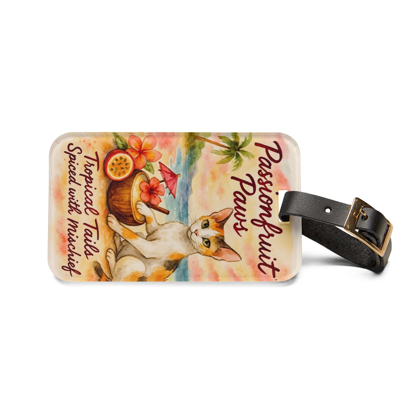 Tropical Cat Luggage Tag, Cute Pet Travel Accessory, Personalized Travel Gift, Cat Lover's Item, Vacation Essentials