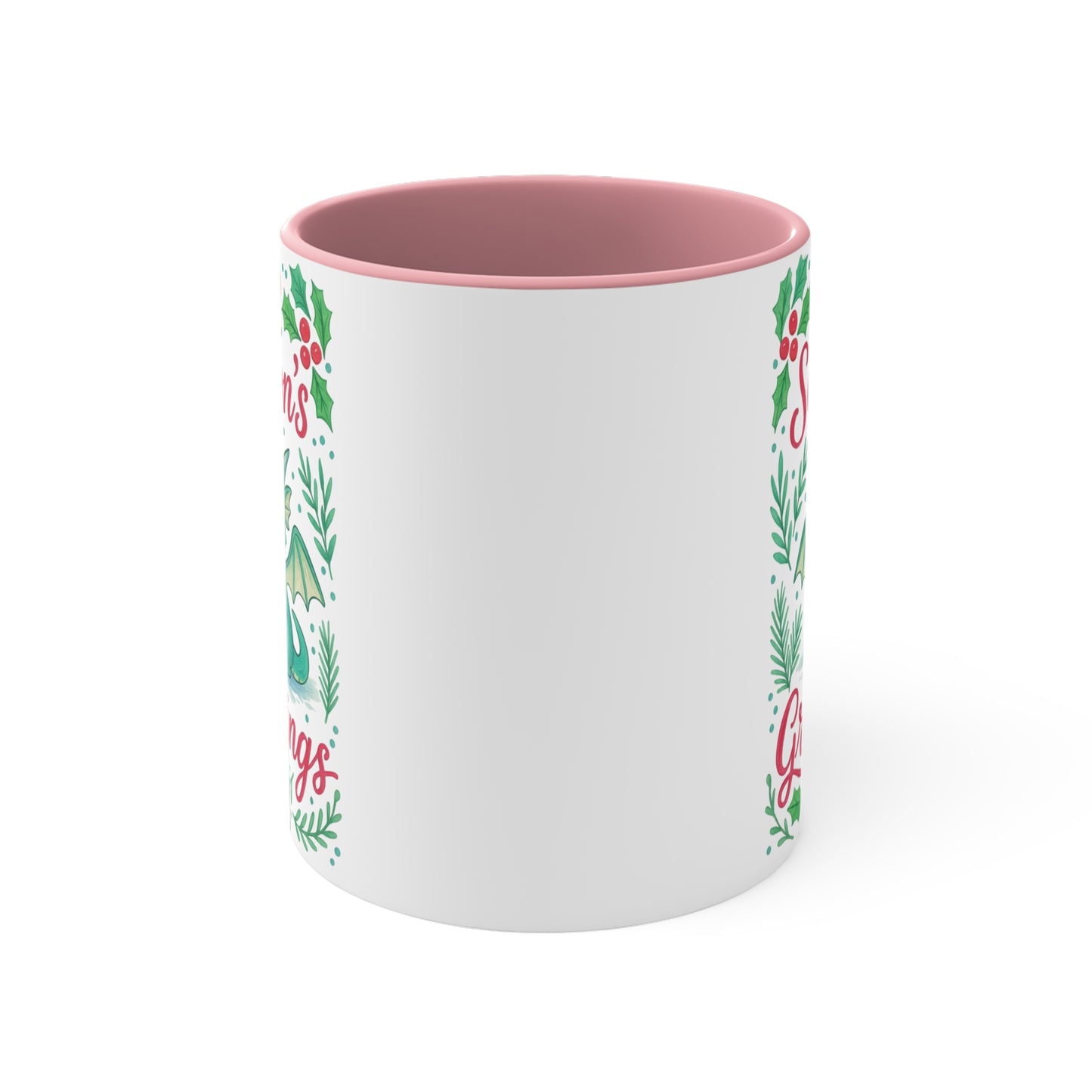 Season's Greetings Dragon Accent Mug | Holiday Coffee Cup, Cute Gift for Kids, Christmas Decor, Kawaii Tea Mug, Fantasy Drinkware