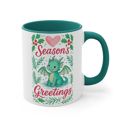 Season's Greetings Dragon Accent Mug | Holiday Coffee Cup, Cute Gift for Kids, Christmas Decor, Kawaii Tea Mug, Fantasy Drinkware