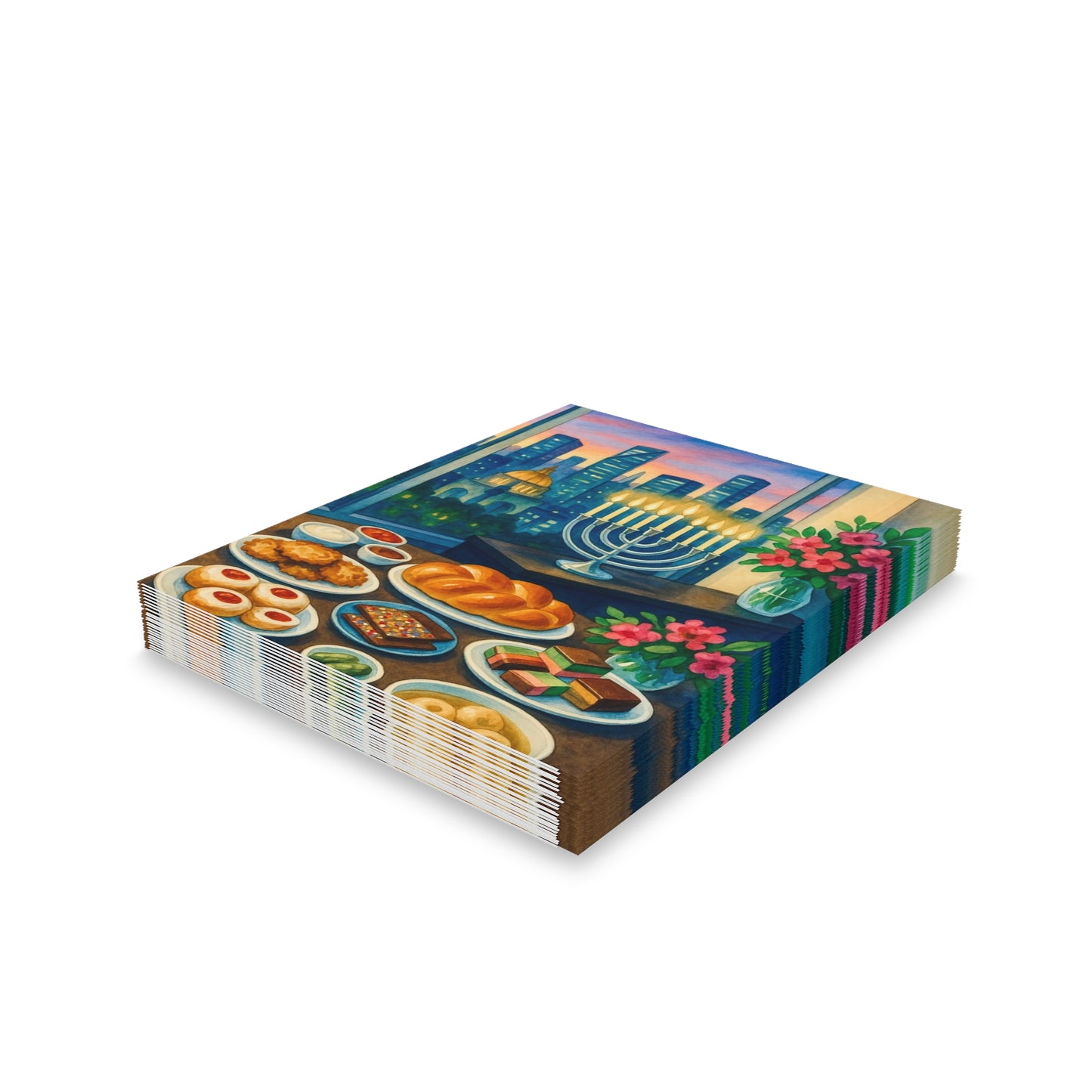 Hanukkah Greeting Cards - Festive Celebration, Jewish Traditions, Holiday Cheer, Unique Holiday Greetings, Menorah & Treats Design