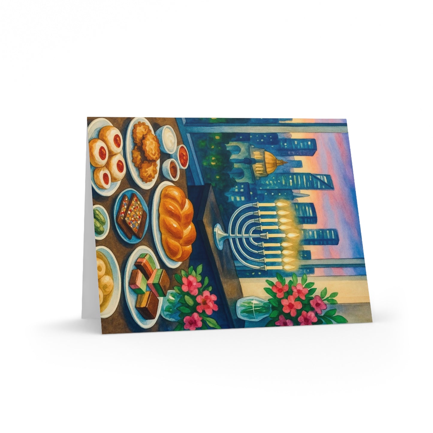 Hanukkah Greeting Cards - Festive Celebration, Jewish Traditions, Holiday Cheer, Unique Holiday Greetings, Menorah & Treats Design