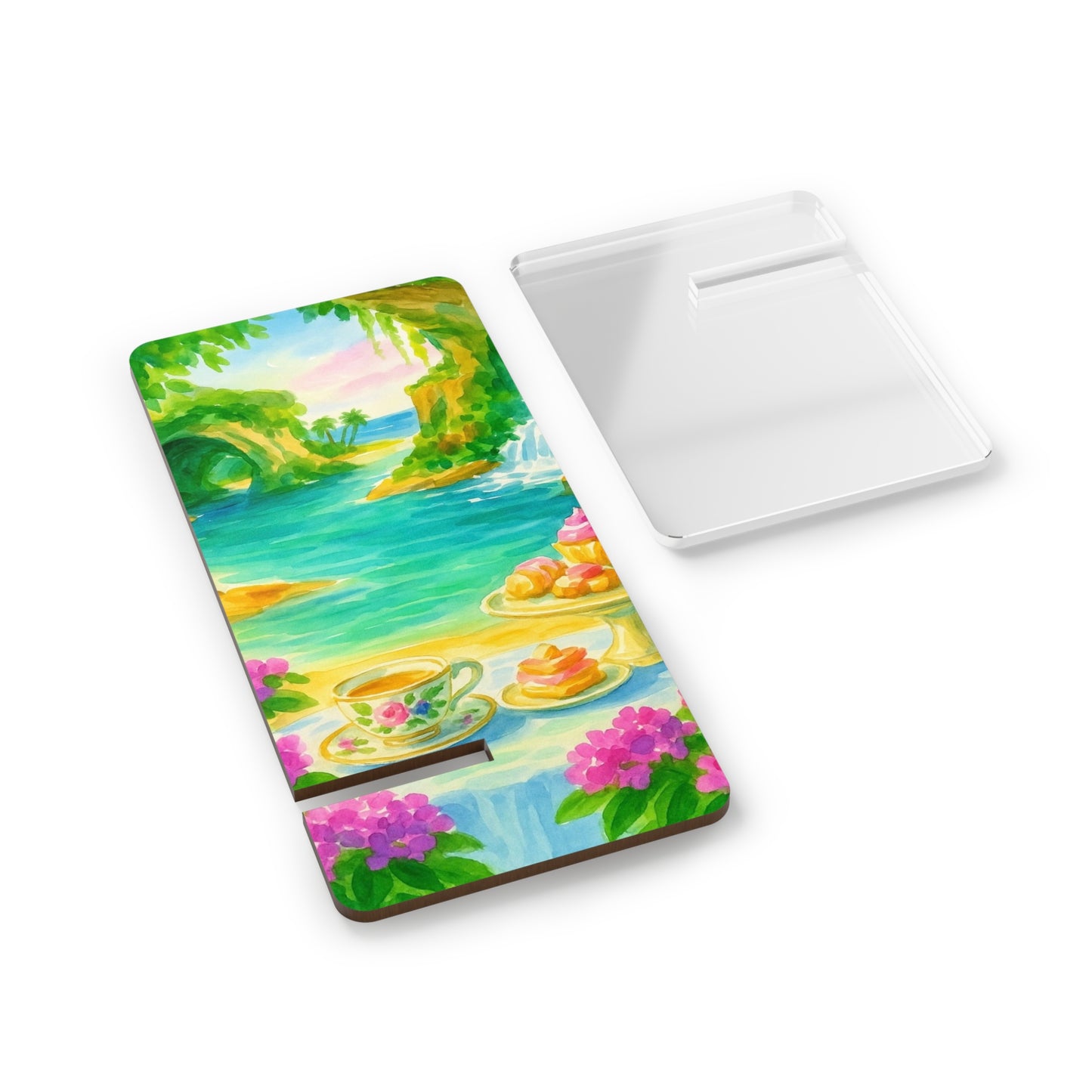 Artistic Mobile Display Stand for Smartphones - Vibrant Beach Scene, Phone Holder, Desk Accessory, Gift for Her, Tropical Decor
