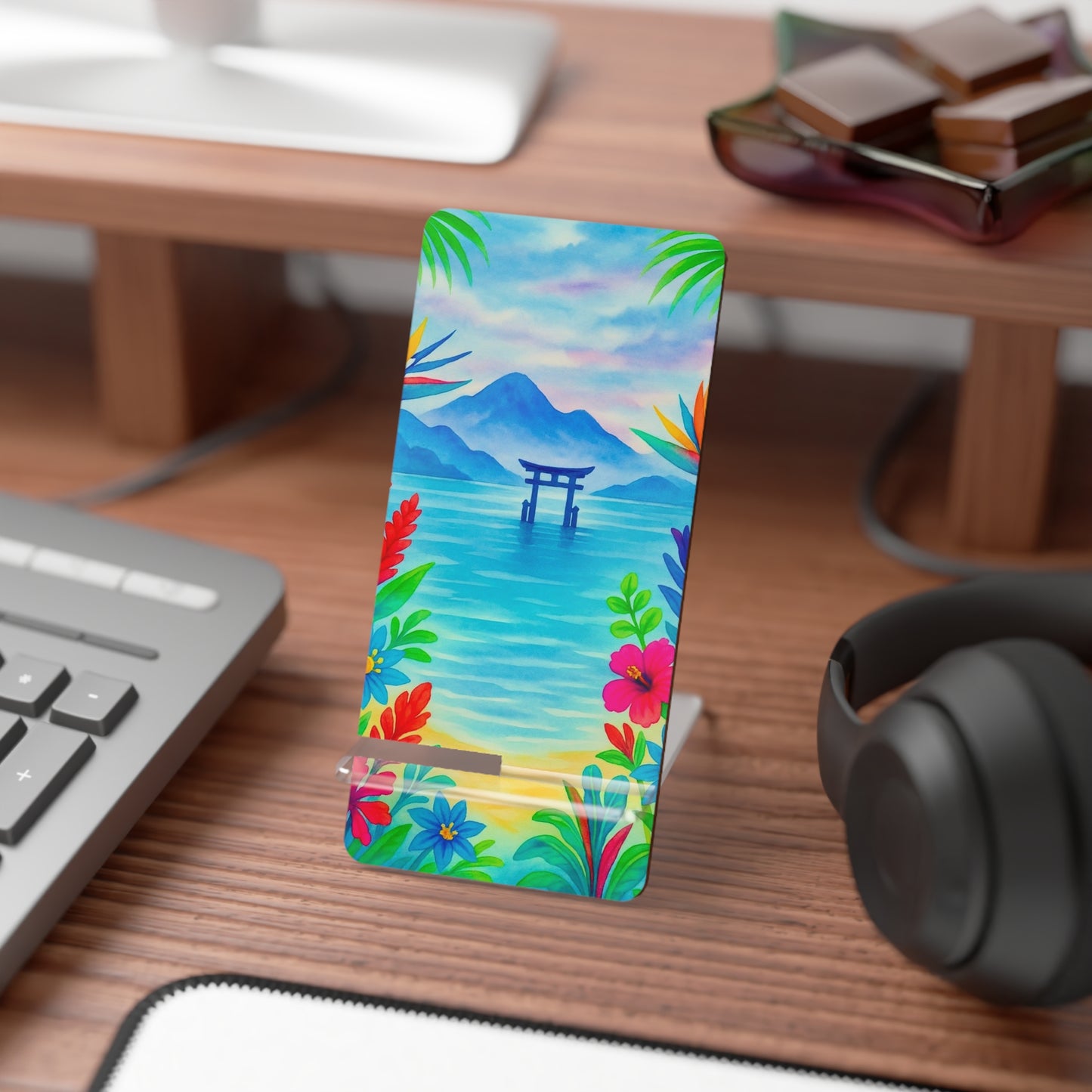 Tropical Smartphone Stand, Cute Phone Holder, Floral Desk Decor, Mobile Stand, Gift for Her, Home Office Accessory