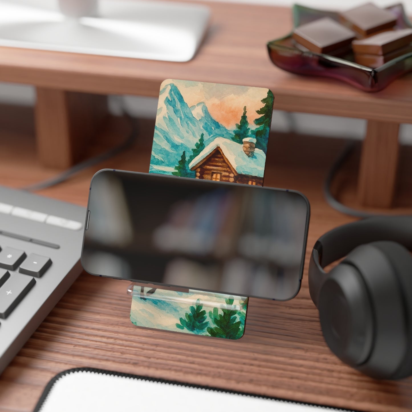 Winter Wonderland Smartphone Stand, Wooden Mobile Display Holder, Desk Organizer for Phone, Christmas Gift, Cozy Cabin Decor