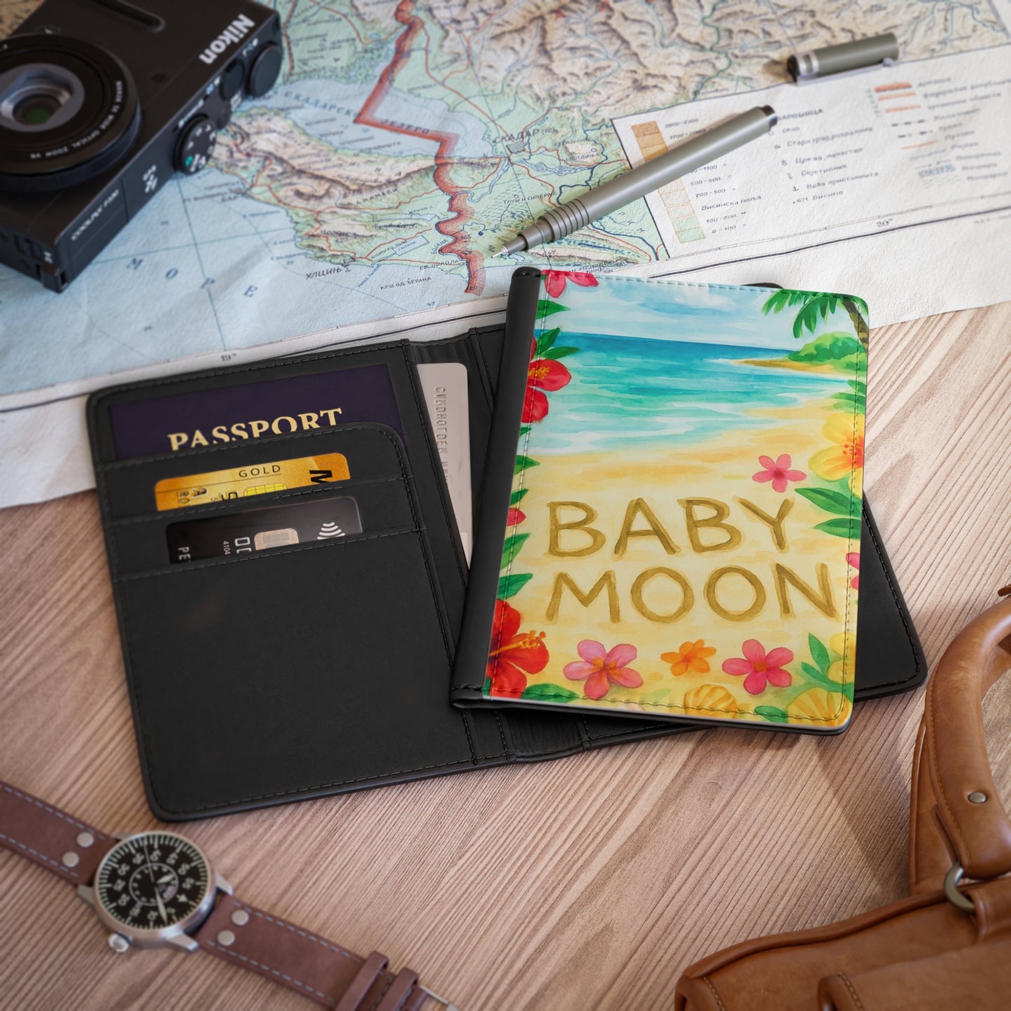 Baby Moon Passport Cover - Travel Accessory, Vacation Gift, Beach Theme, New Parents, Baby Shower Present