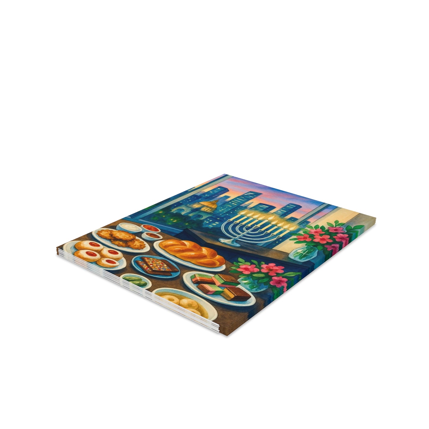 Hanukkah Greeting Cards - Festive Celebration, Jewish Traditions, Holiday Cheer, Unique Holiday Greetings, Menorah & Treats Design
