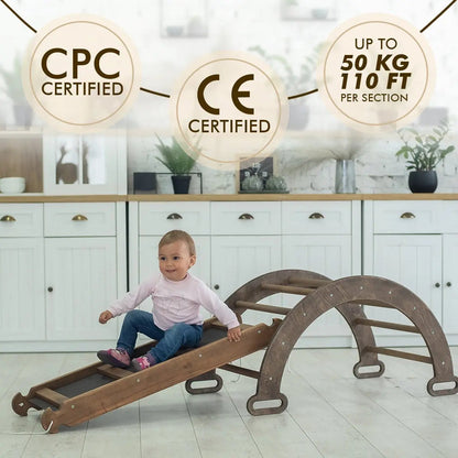 3in1 Montessori Climbing Set: Climbing Arch + Slide Board + Cushion – Chocolate