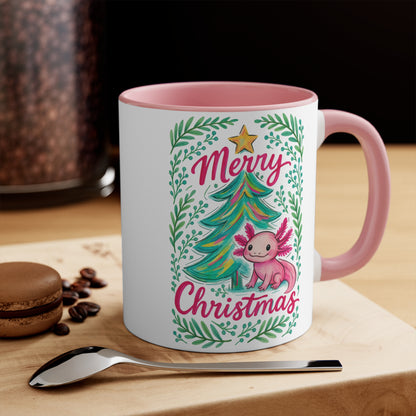 Merry Christmas Accent Mug with Cute Axolotl Design, Holiday Coffee Cup, Seasonal Drinkware, Gift for Ocean Lovers, Festive Kitchen Decor