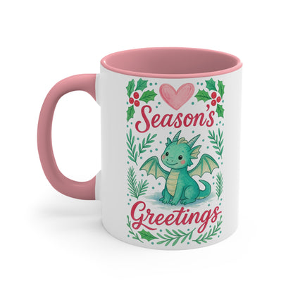 Season's Greetings Dragon Accent Mug | Holiday Coffee Cup, Cute Gift for Kids, Christmas Decor, Kawaii Tea Mug, Fantasy Drinkware