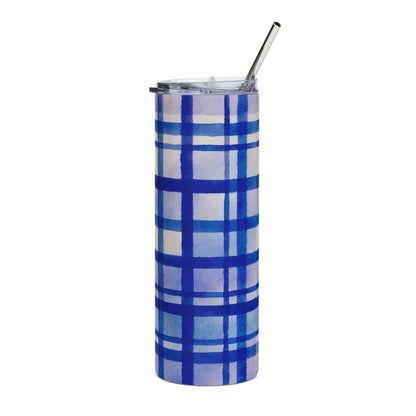 Plaid Blue Stainless Steel Tumbler, 20oz - Stylish Travel Mug, Gift for Coffee Lovers, Outdoor Adventure, Birthday Present, Summer Vibes