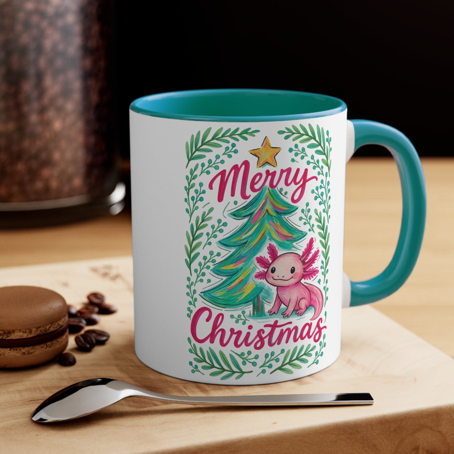 Merry Christmas Accent Mug with Cute Axolotl Design, Holiday Coffee Cup, Seasonal Drinkware, Gift for Ocean Lovers, Festive Kitchen Decor