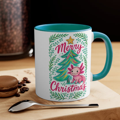 Merry Christmas Accent Mug with Cute Axolotl Design, Holiday Coffee Cup, Seasonal Drinkware, Gift for Ocean Lovers, Festive Kitchen Decor
