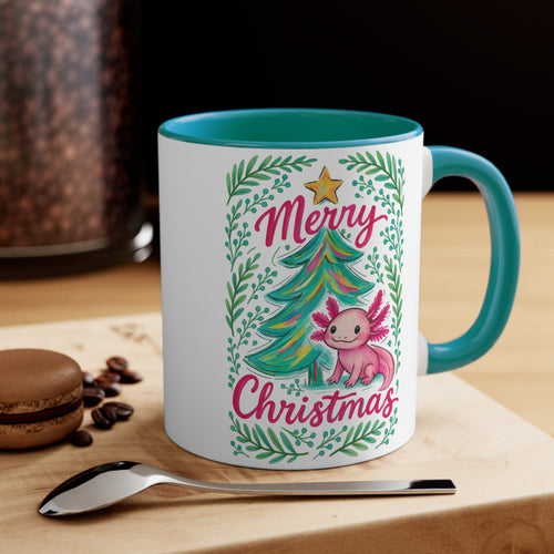 Merry Christmas Accent Mug with Cute Axolotl Design, Holiday Coffee Cup, Seasonal Drinkware, Gift for Ocean Lovers, Festive Kitchen Decor