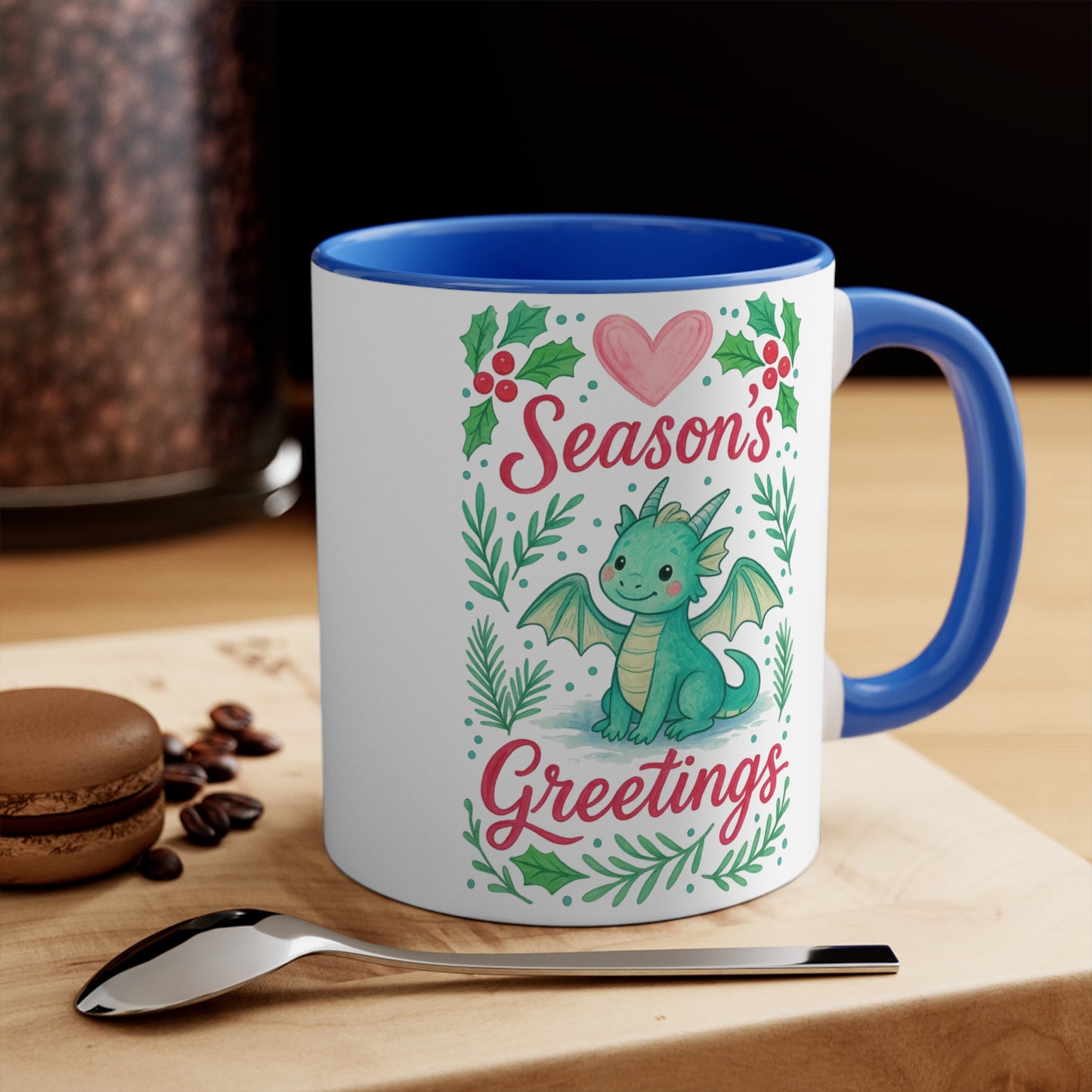 Season's Greetings Dragon Accent Mug | Holiday Coffee Cup, Cute Gift for Kids, Christmas Decor, Kawaii Tea Mug, Fantasy Drinkware