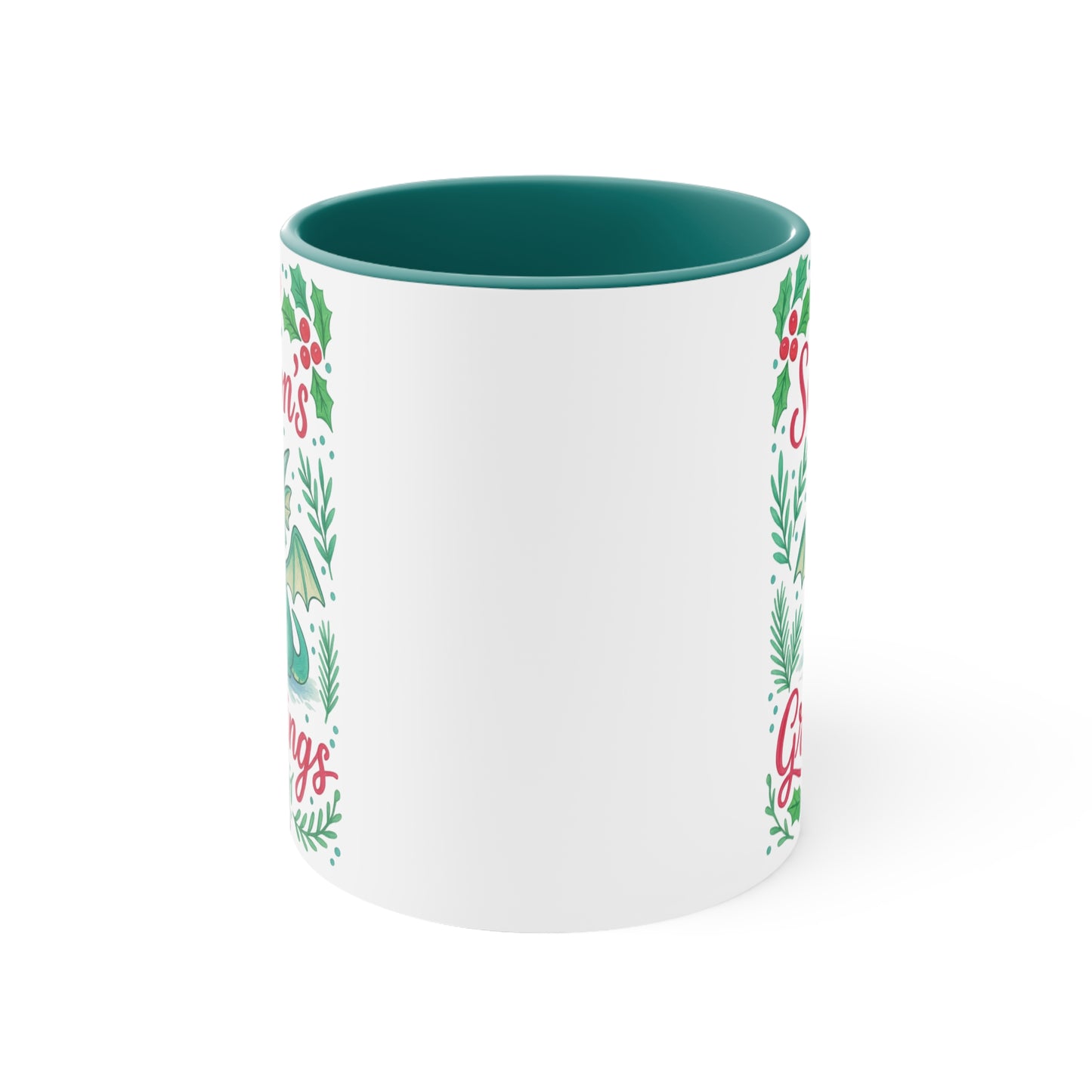 Season's Greetings Dragon Accent Mug | Holiday Coffee Cup, Cute Gift for Kids, Christmas Decor, Kawaii Tea Mug, Fantasy Drinkware