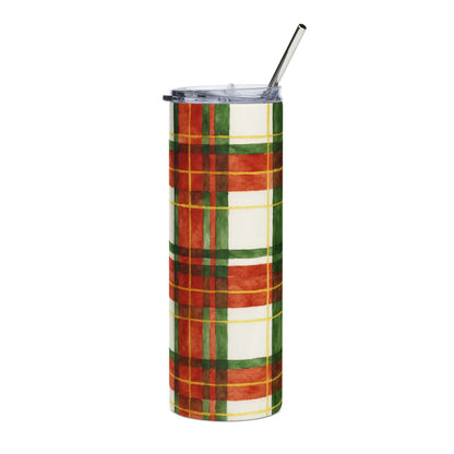 Festive Plaid Stainless Steel Tumbler | 20oz Insulated Drinkware | Holiday Gift, Coffee Cup, Travel Mug, Winter Accessory, Eco-Friendly