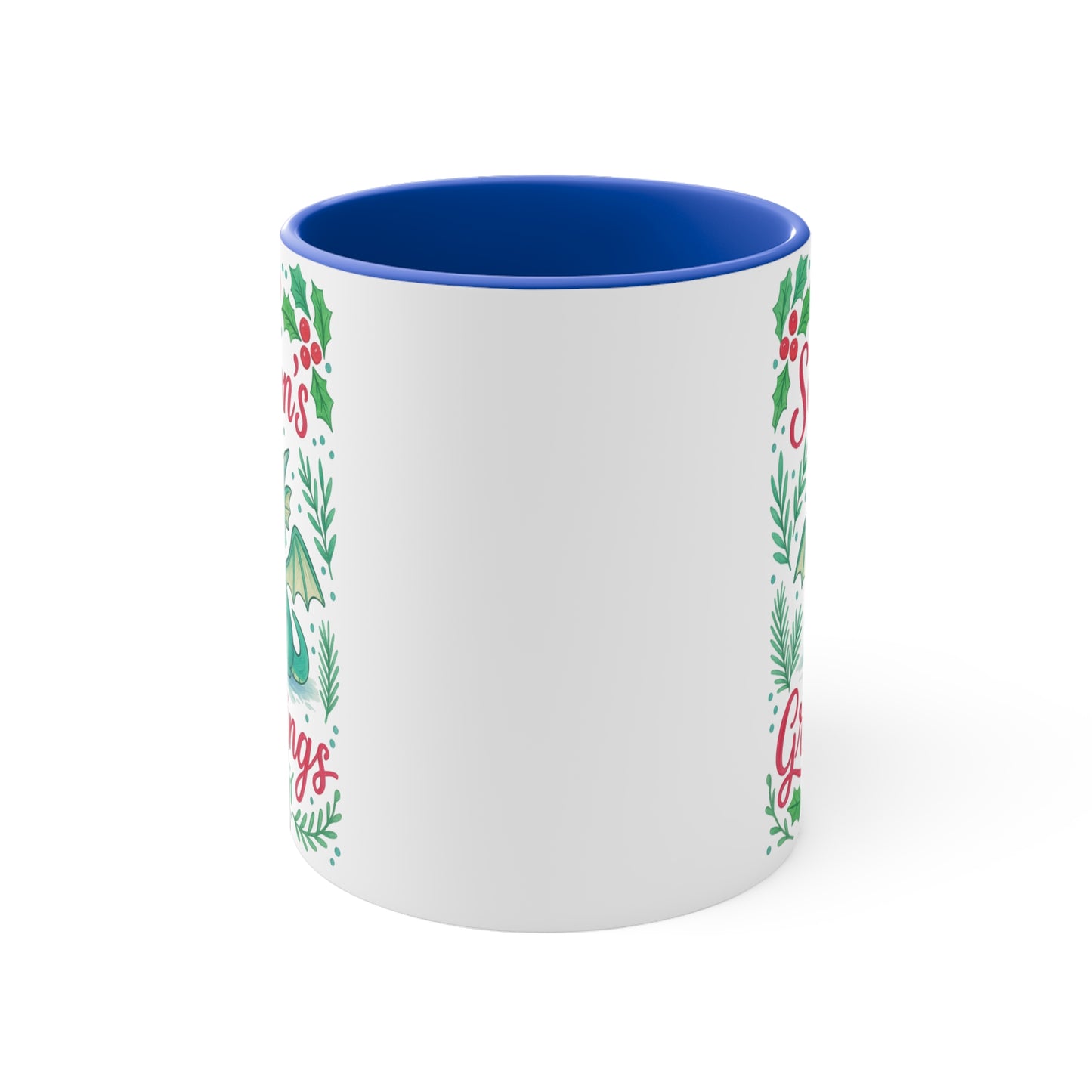 Season's Greetings Dragon Accent Mug | Holiday Coffee Cup, Cute Gift for Kids, Christmas Decor, Kawaii Tea Mug, Fantasy Drinkware