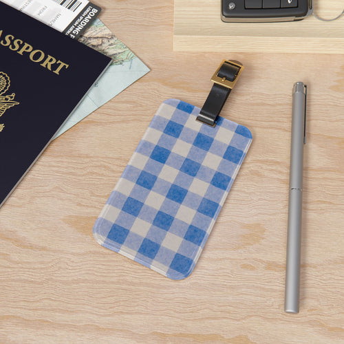 Blue Gingham Luggage Tag, Travel Accessory, Personalized Gift for Travelers, Summer Vacation Essentials, Stylish Baggage Identifier